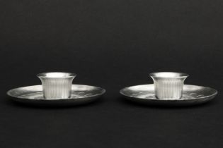 pair of small Jorgen Jensen design candlesticks in pewter - marked with their box ||JENSEN JORGEN (