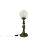 antique table lamp with metal base and (later) shade in glas ||Antieke lamp met voet in