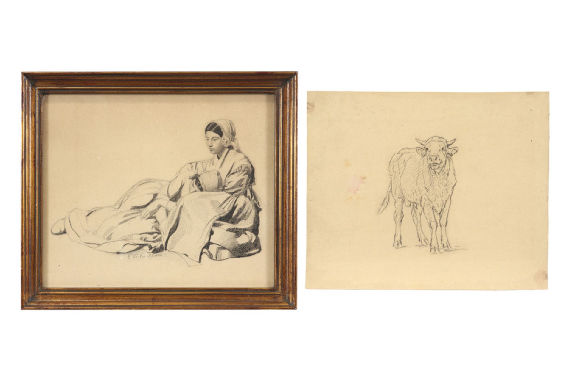 two 19th Cent. pencil drawings - one signed Eugene Verboeckhove ||VERBOECKHOVE EUGENE (1798/99 -