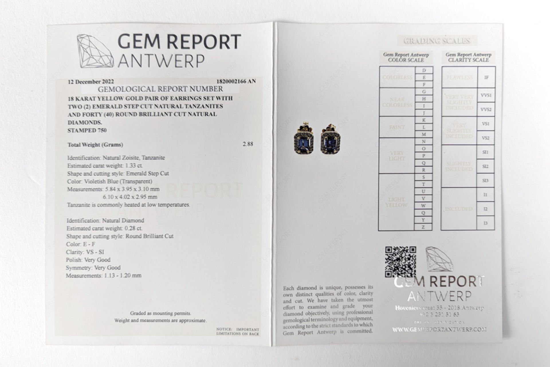 pair of earrings in yellow gold (18 carat) with 1,33 carat of natural Tanzanites and 0,28 cart of - Image 2 of 2