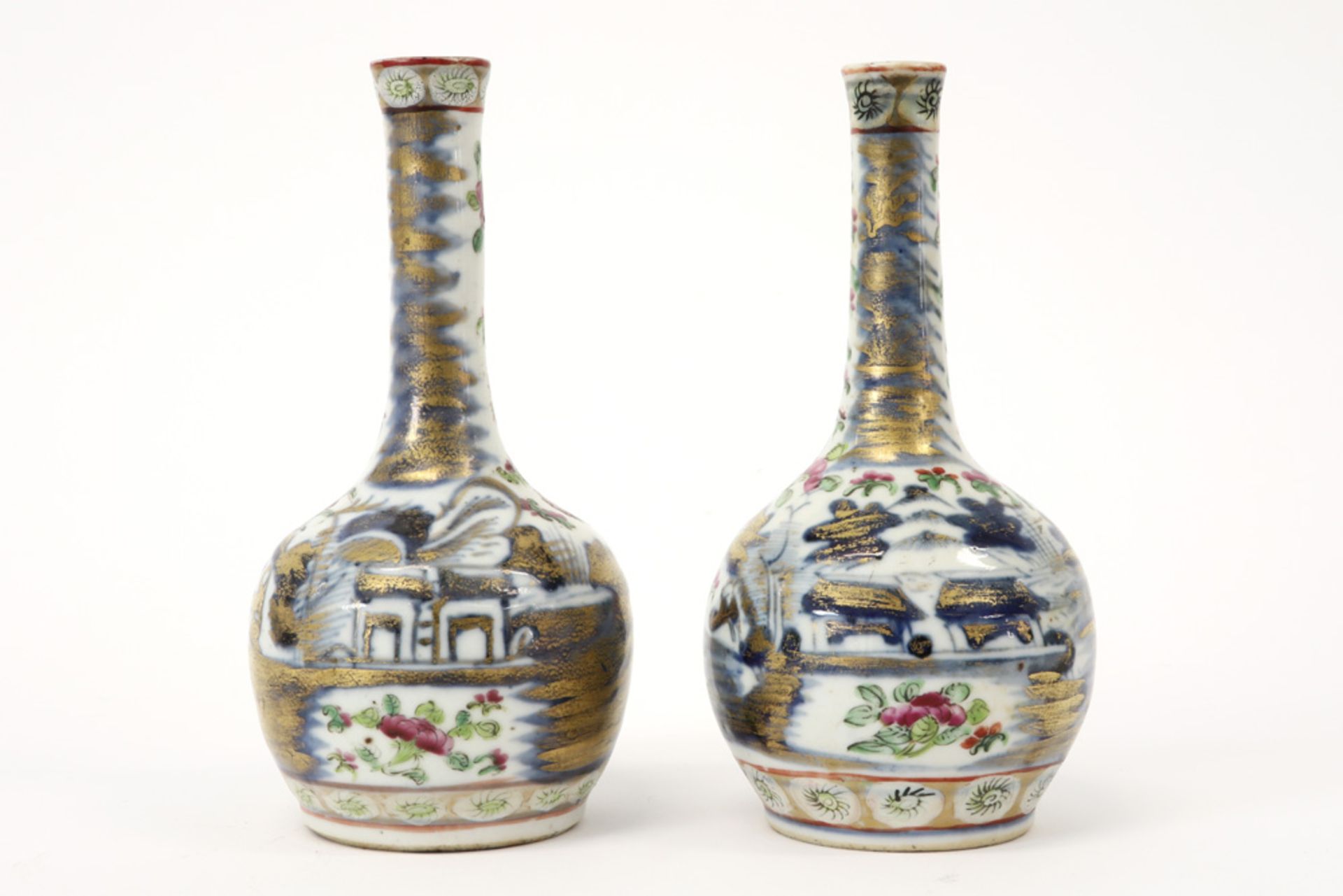 pair of 19th Cent. Chinese vases in porcelain with a blue-white and Cantonese decor with temple - Image 2 of 4
