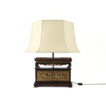 decorative table lamp with its base made of antique Chinese (bed) panels in sculpted and polychromed