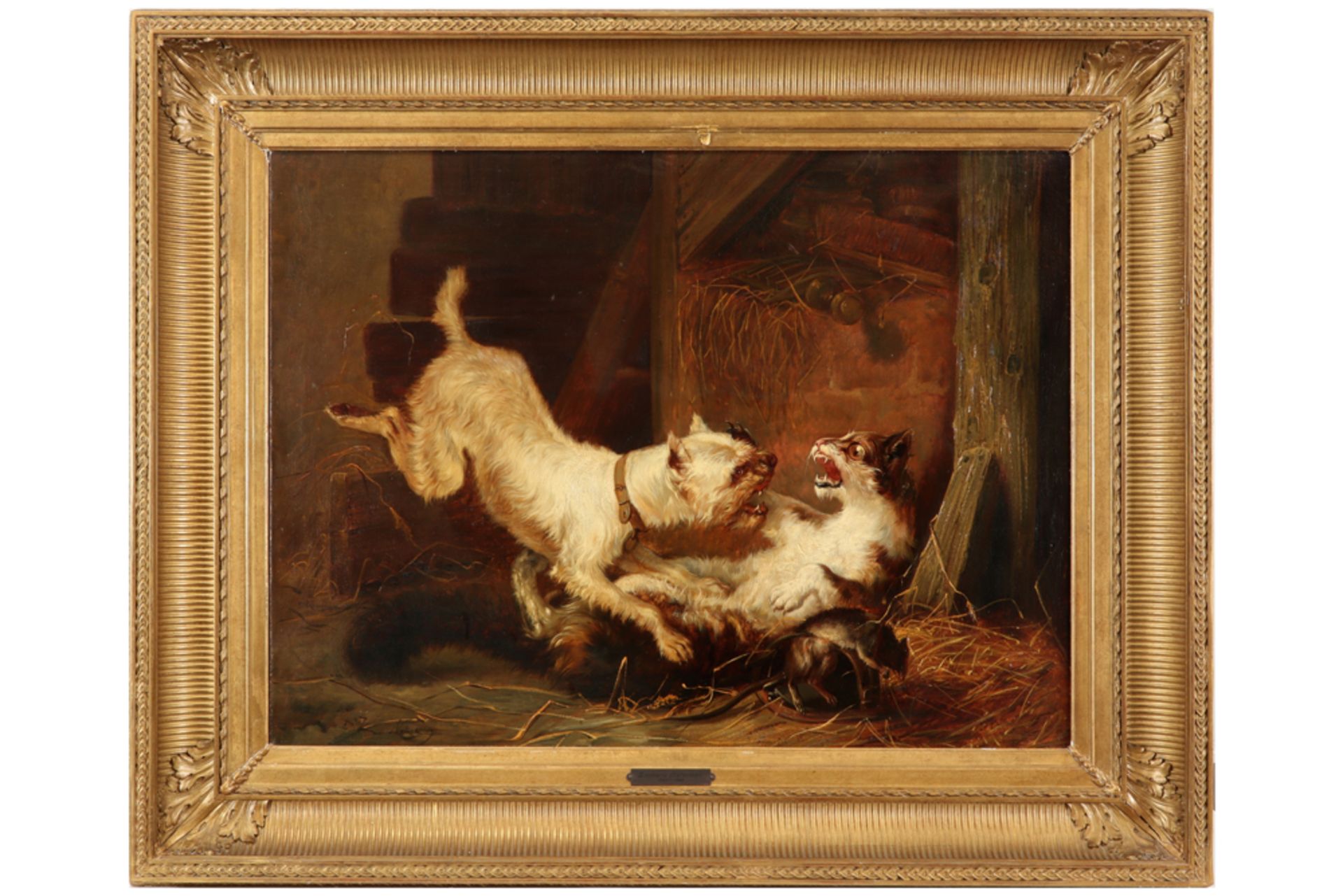 Zacharie Noterman signed oil on canvas with a fighting dog and cat ||NOTERMAN ZACHARIE (ca 1820 - - Image 3 of 4