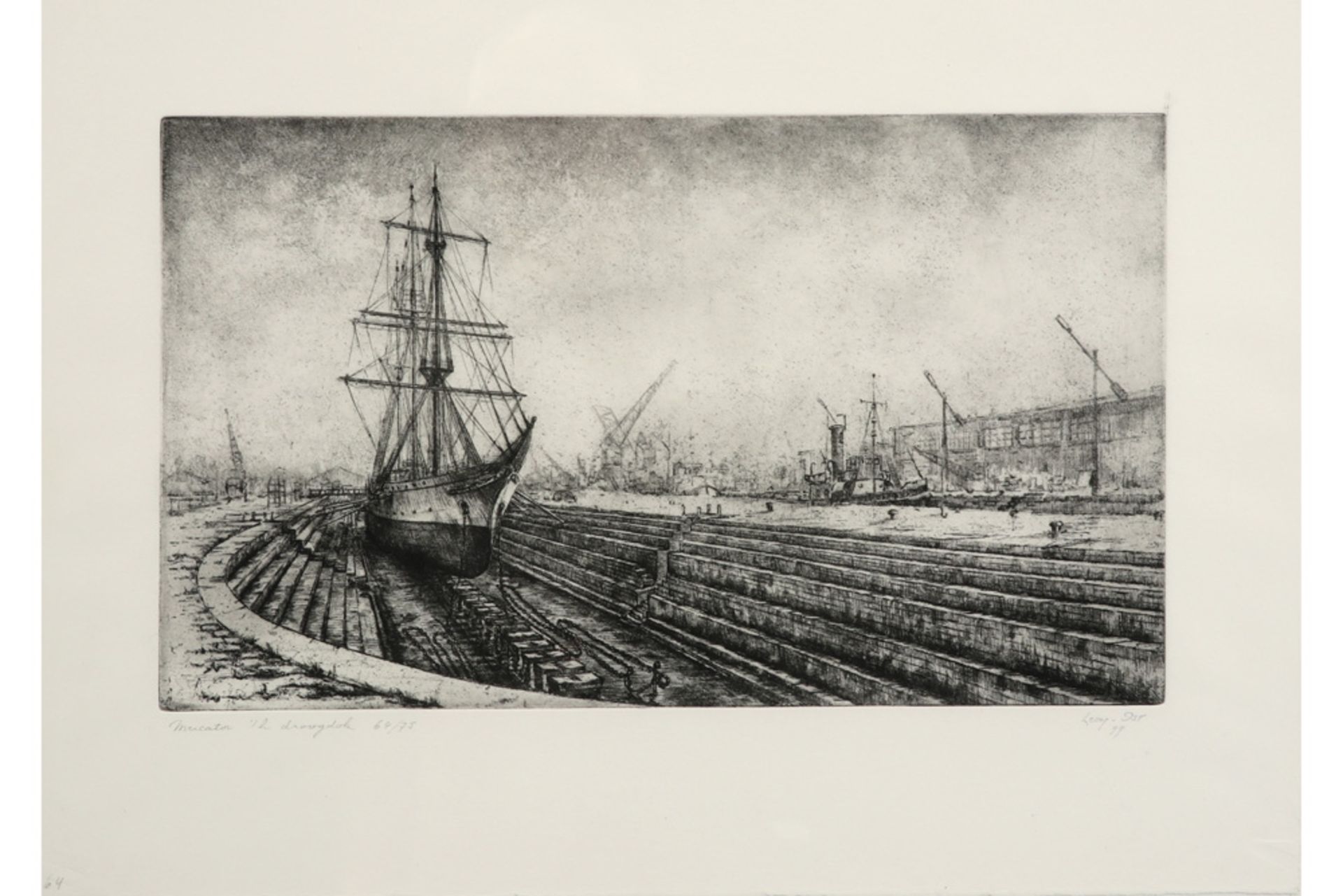 Leon Ost signed etching - dated (19)99 ||OST LEON ets n° 64/75 : "Mercator in het droogdok" - 24,5 x - Image 2 of 3