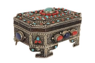 nice old lidded box in silver with fine filigree work and with cabochons in turquoise, lapis
