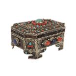 nice old lidded box in silver with fine filigree work and with cabochons in turquoise, lapis