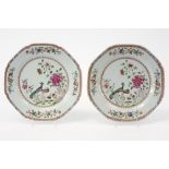 pair of 18th Cent. Chinese octogonal plates in porcelain with a 'Famille Rose' decor with