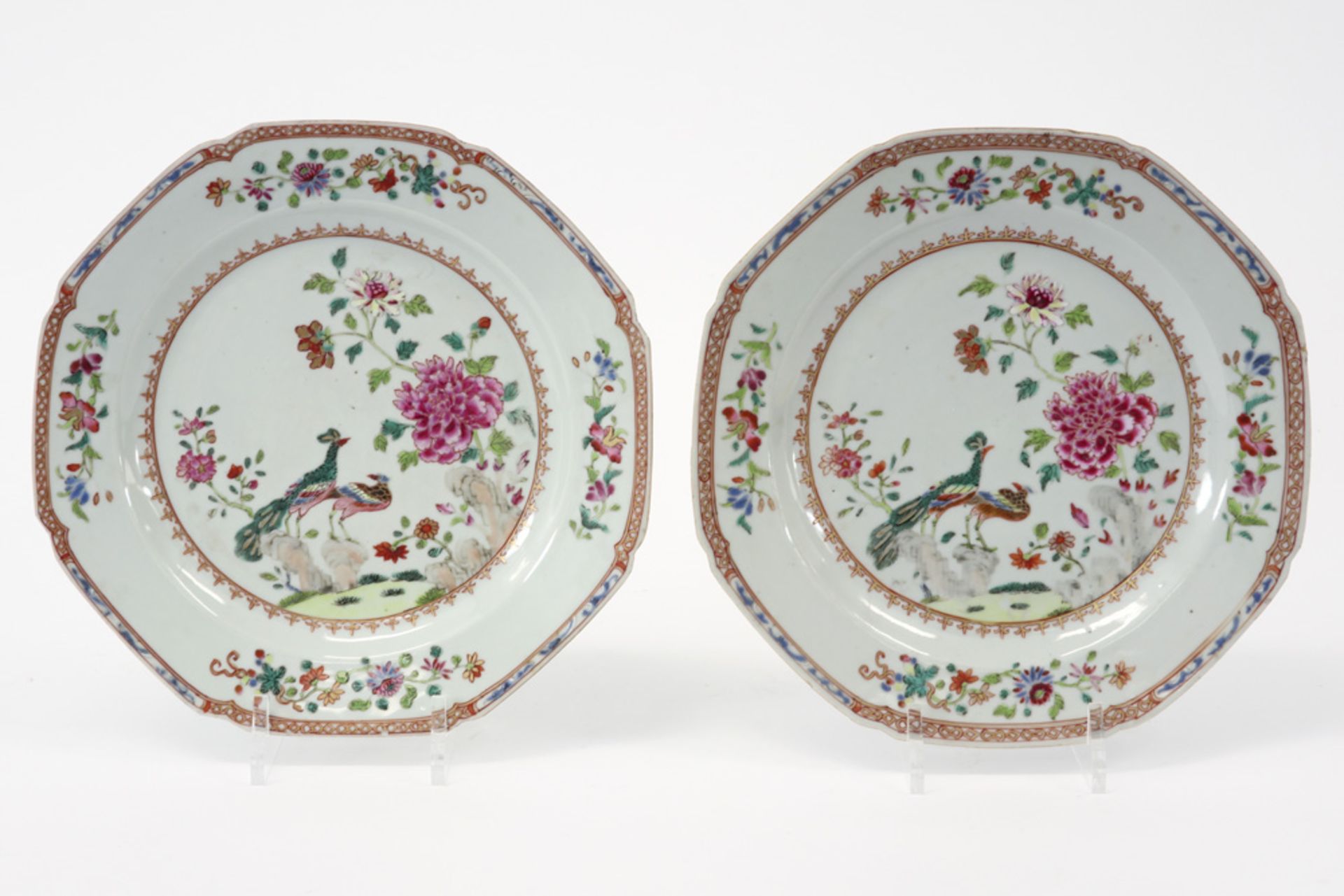 pair of 18th Cent. Chinese octogonal plates in porcelain with a 'Famille Rose' decor with