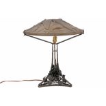 nice presumably French Art Deco lamp in wrought iron and with a glass shade with a butterflies decor