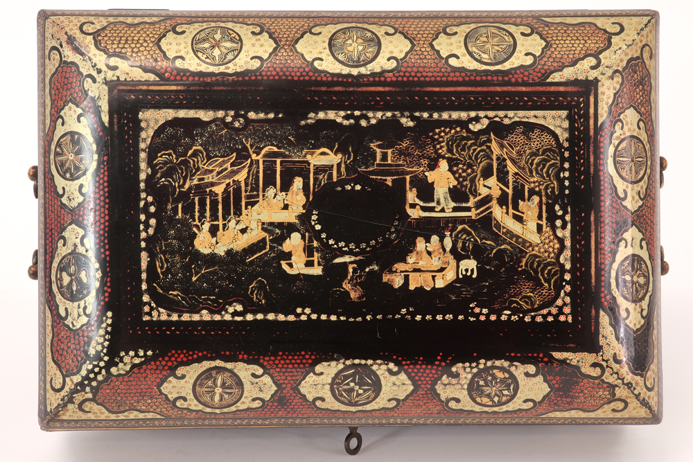 beautiful Chinese style lacquerware tea box with bronze ornamentation with its two original teaboxes - Bild 2 aus 5