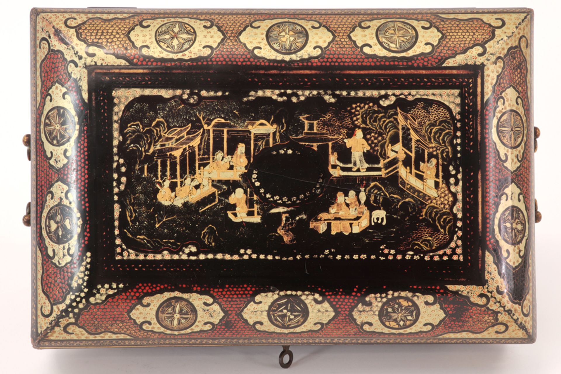 beautiful Chinese style lacquerware tea box with bronze ornamentation with its two original teaboxes - Image 2 of 5