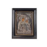 20th Cent. Greek icon of "Mary and Child" with its original rizza in silver ||20ste eeuwse Griekse