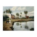 "Landscape with a view of an oasis with palm and date trees" oil on canvas with an orientalist theme