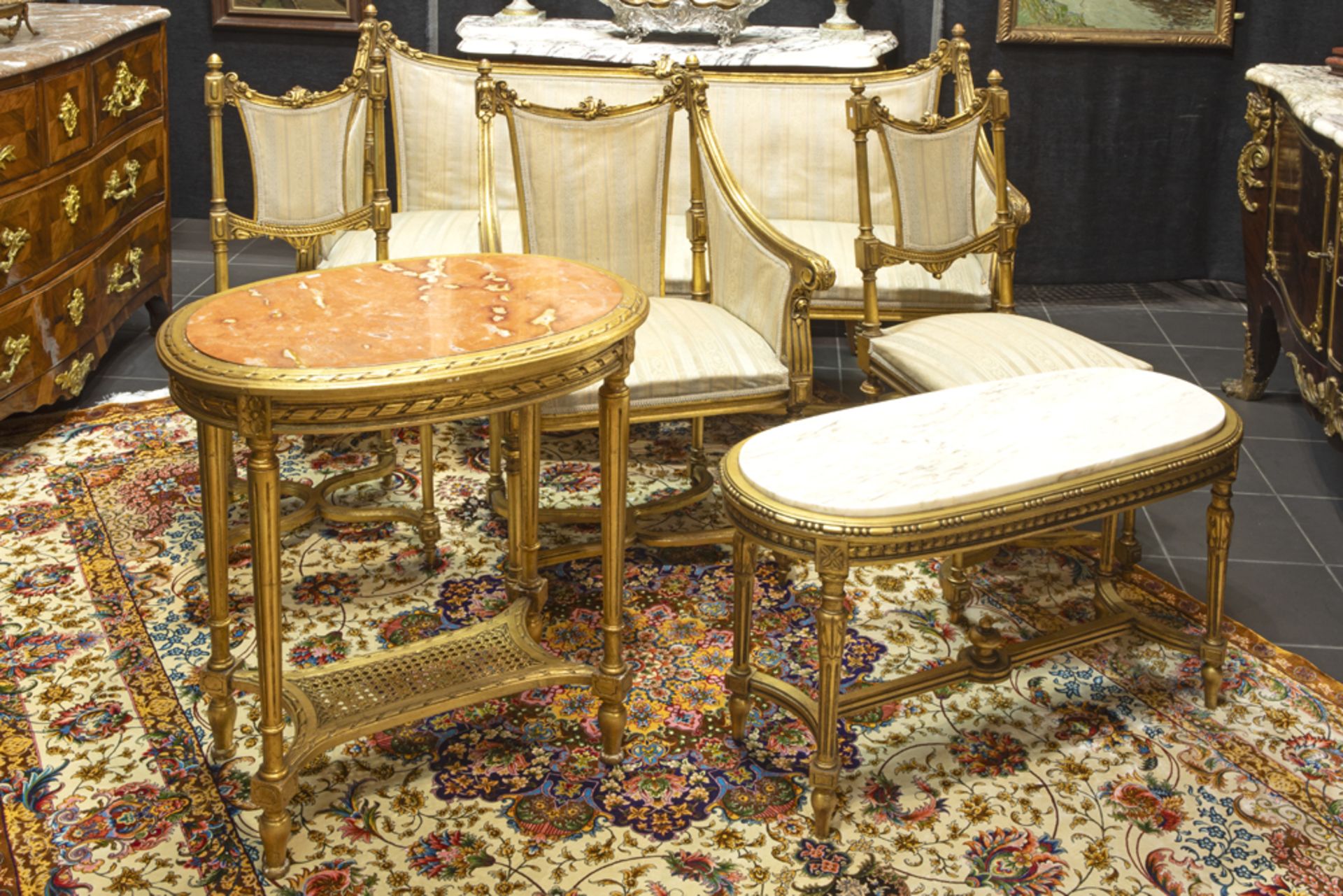 6pc neoclassical salon suite in sculpted and gilded wood with a Louis XVI design and ornamentation :