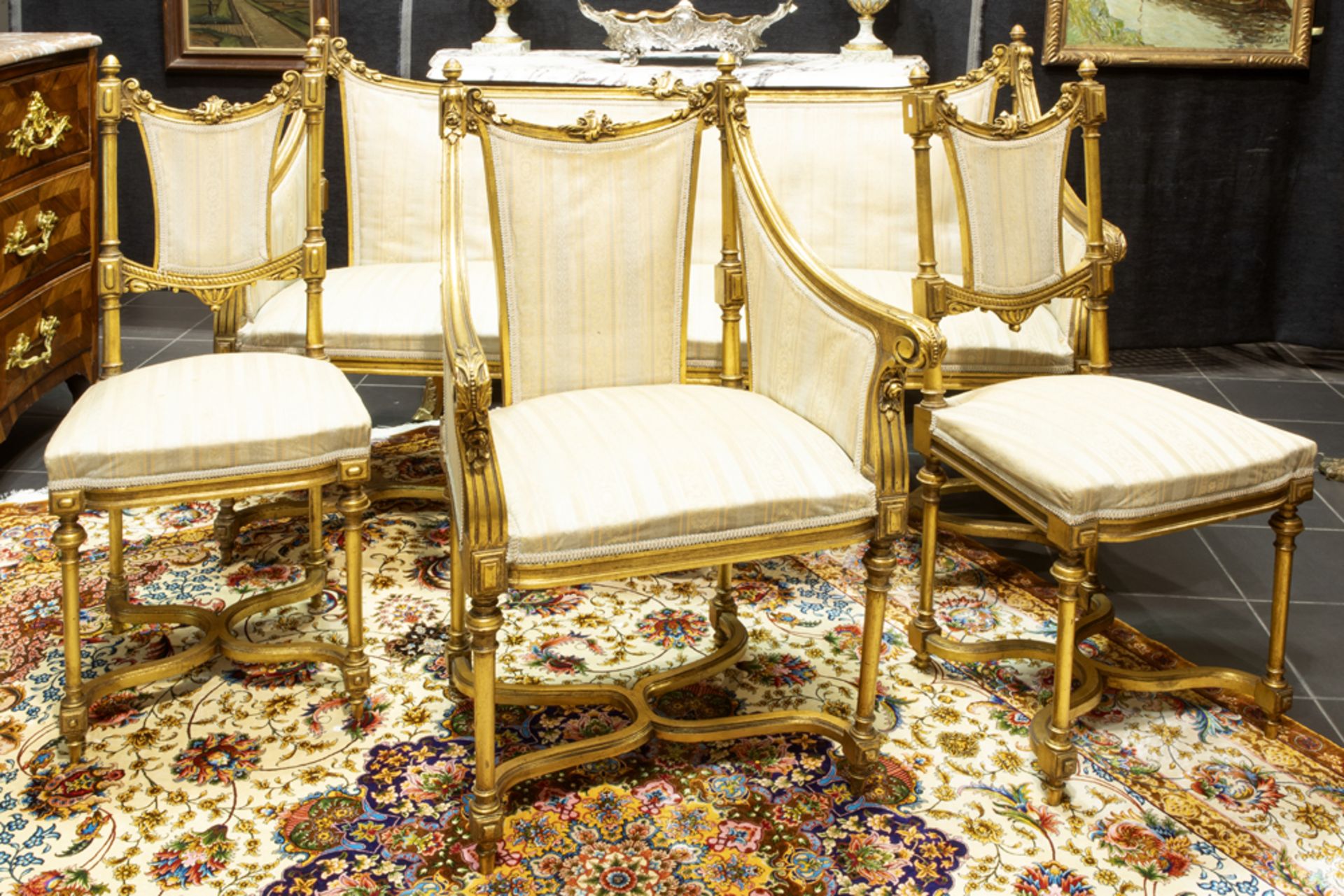 6pc neoclassical salon suite in sculpted and gilded wood with a Louis XVI design and ornamentation : - Image 3 of 4
