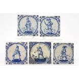 five quite rare 17th Cent. tiles in ceramic from Delft, each with the depiction of a soldier in