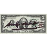 handsigned Andy Warhol "Two Dollar" banknote with postage stamp and stamped dd 1976 - with