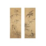 pair of Chinese silk on silk embroideries ||Paar Chinese borduurwerken in zijde op zijde telkens met