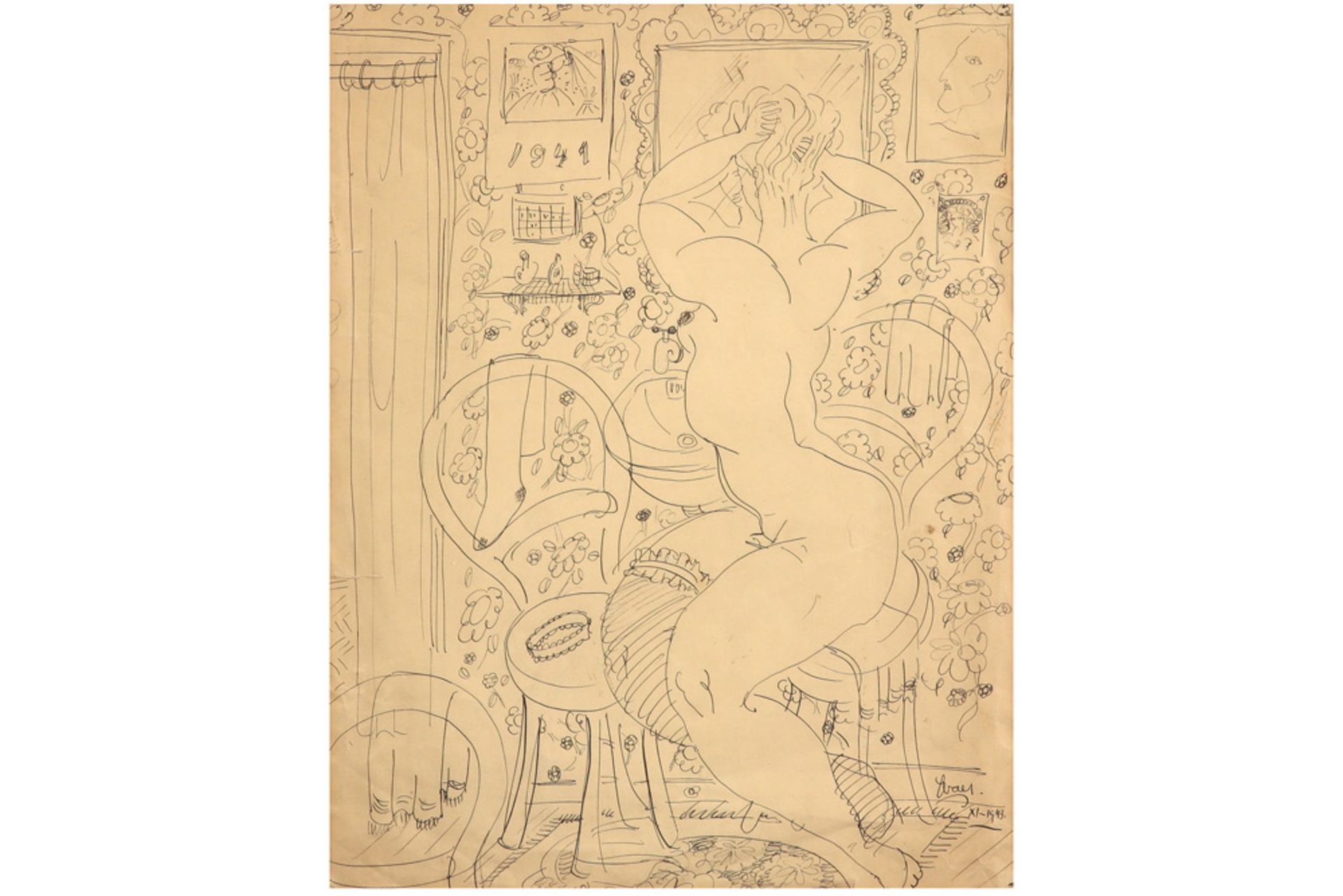 Rachel Baes signed ink drawing with an a-typical theme with naked lady in front of a mirror -