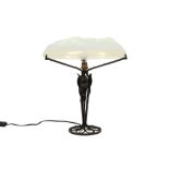 beautiful Art Deco lamp attributed to Sabino with a base in wrought iron and a shade in opalescent