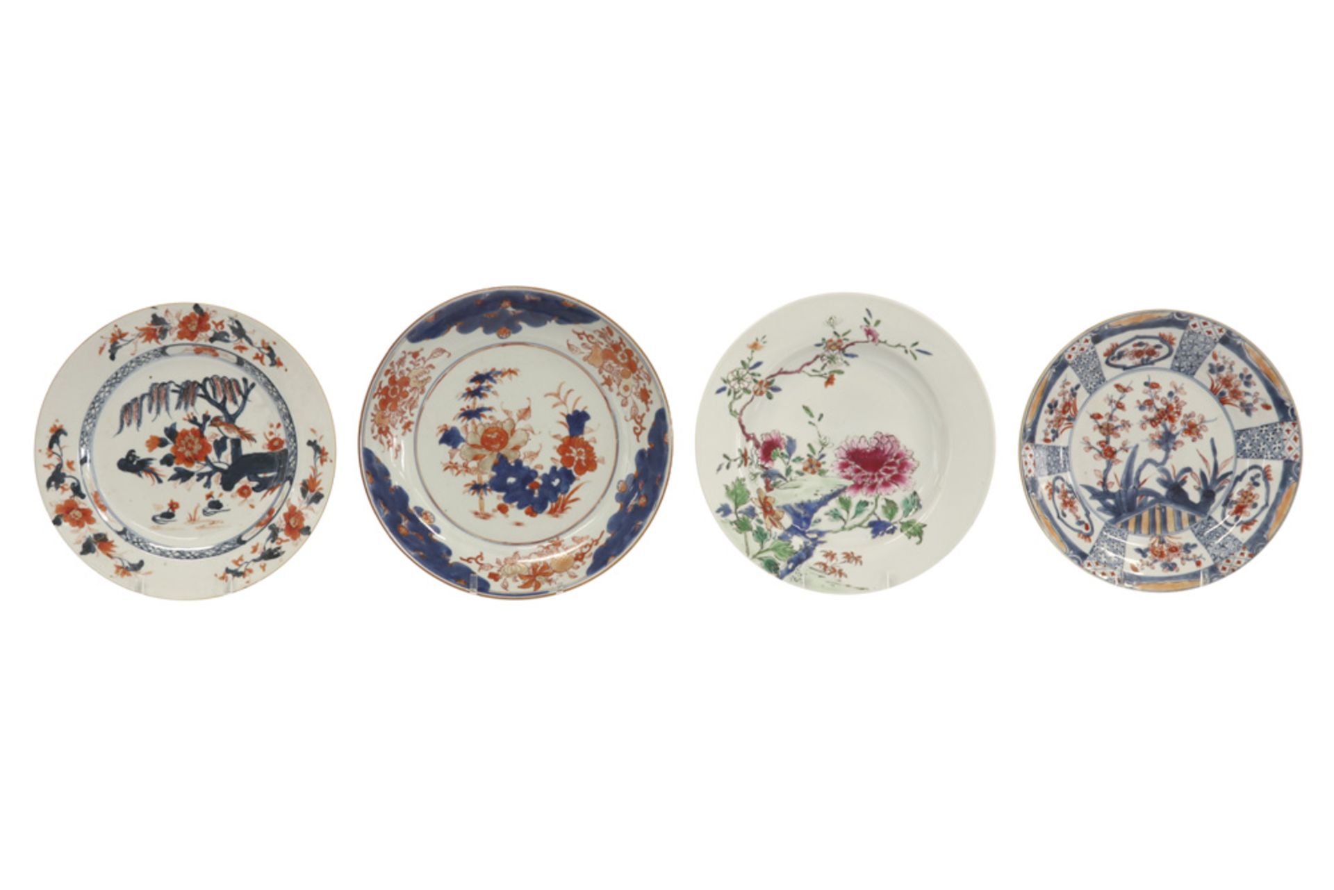 four 18th Cent. Chinese plates in porcelain, three with an Imari and one with a 'Famille Rose' decor