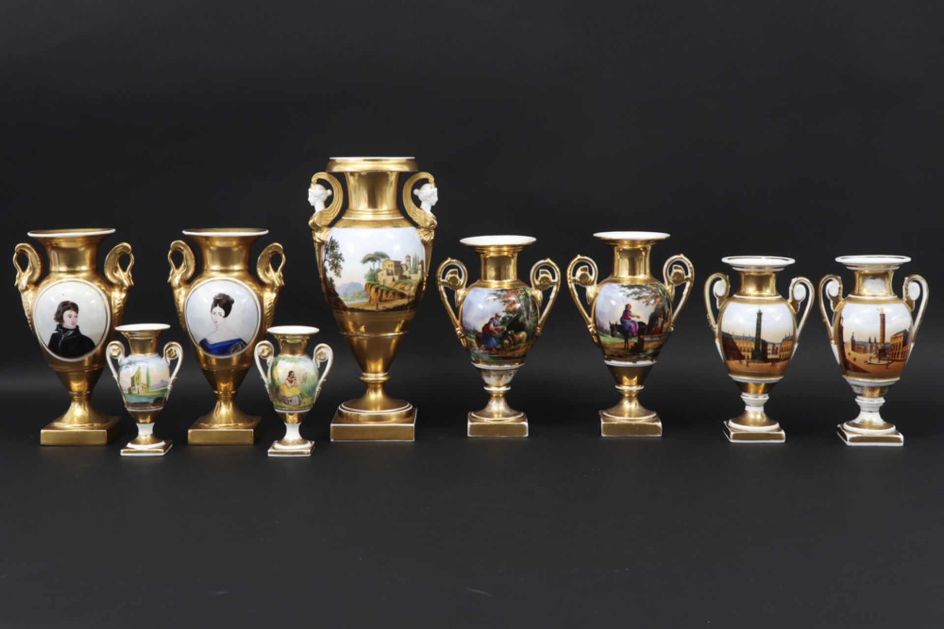 nine small antique vases in porcelain from Brussels ||Lot (9) antieke urnvormige vaasjes met