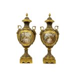 quite imposing 19th Cent. French pair of lidded Napoleon III vases in Sèvres marked porcelain with