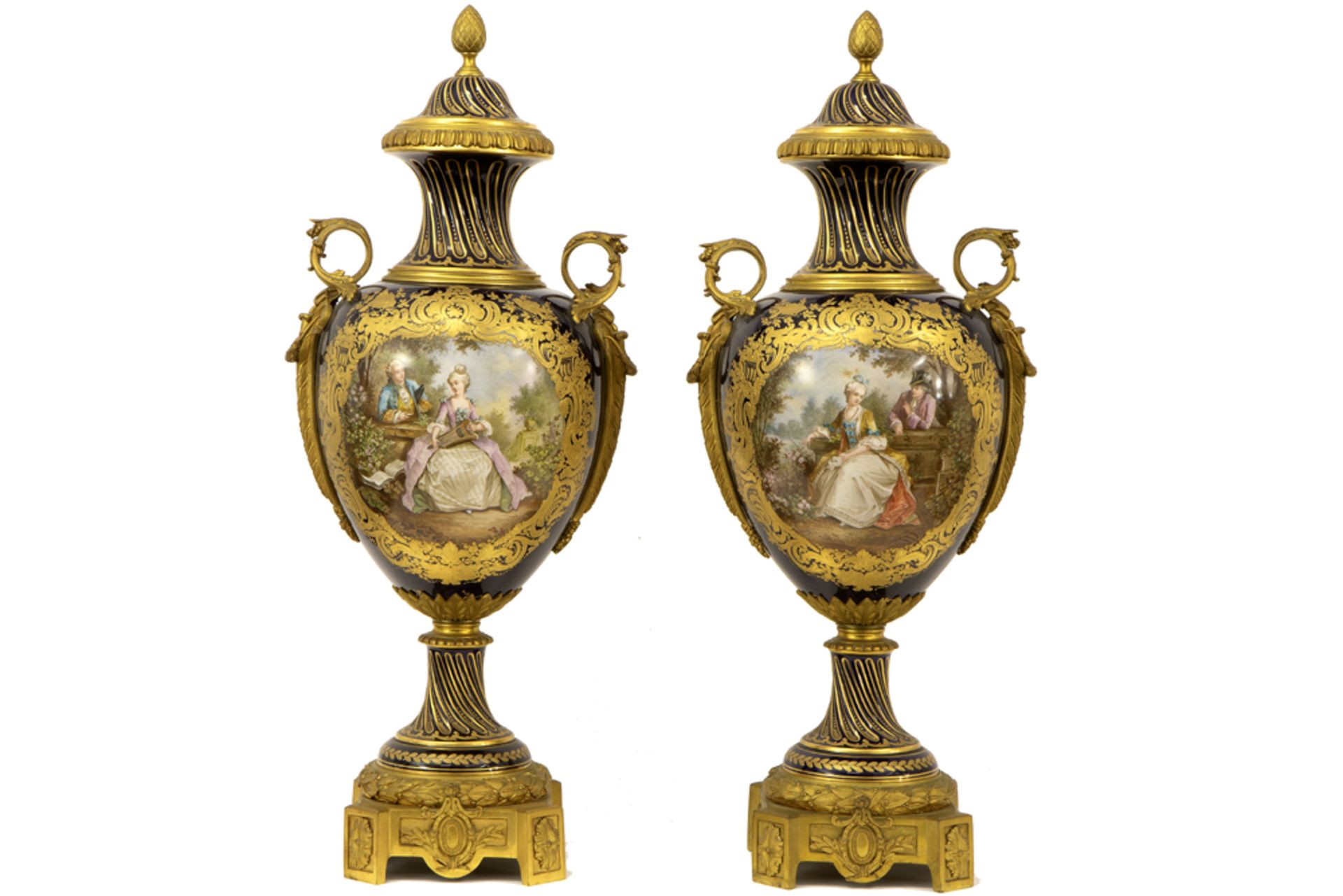 quite imposing 19th Cent. French pair of lidded Napoleon III vases in Sèvres marked porcelain with