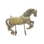antique carousel horse in wood with remains of the original polychromy - on its iron base ||Zeer