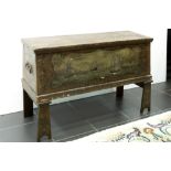 18th/19th Cent. coachman's trunk in polychromed wood with trompe l'oeil of walnut and a scene with