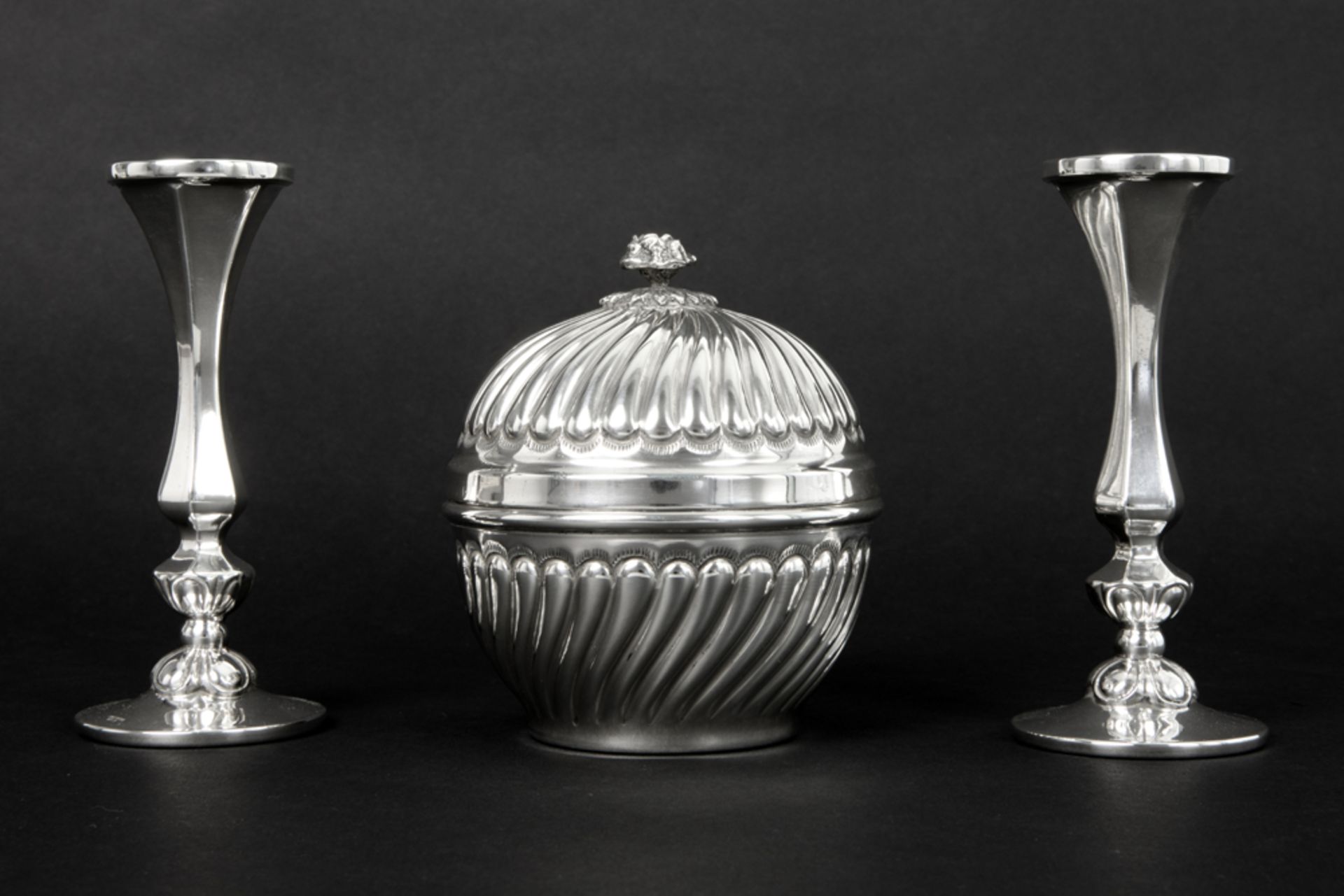 three pieces of marked silver with a pair of small candlesticks and a lidded candy box ||Lot (3) - Image 2 of 8