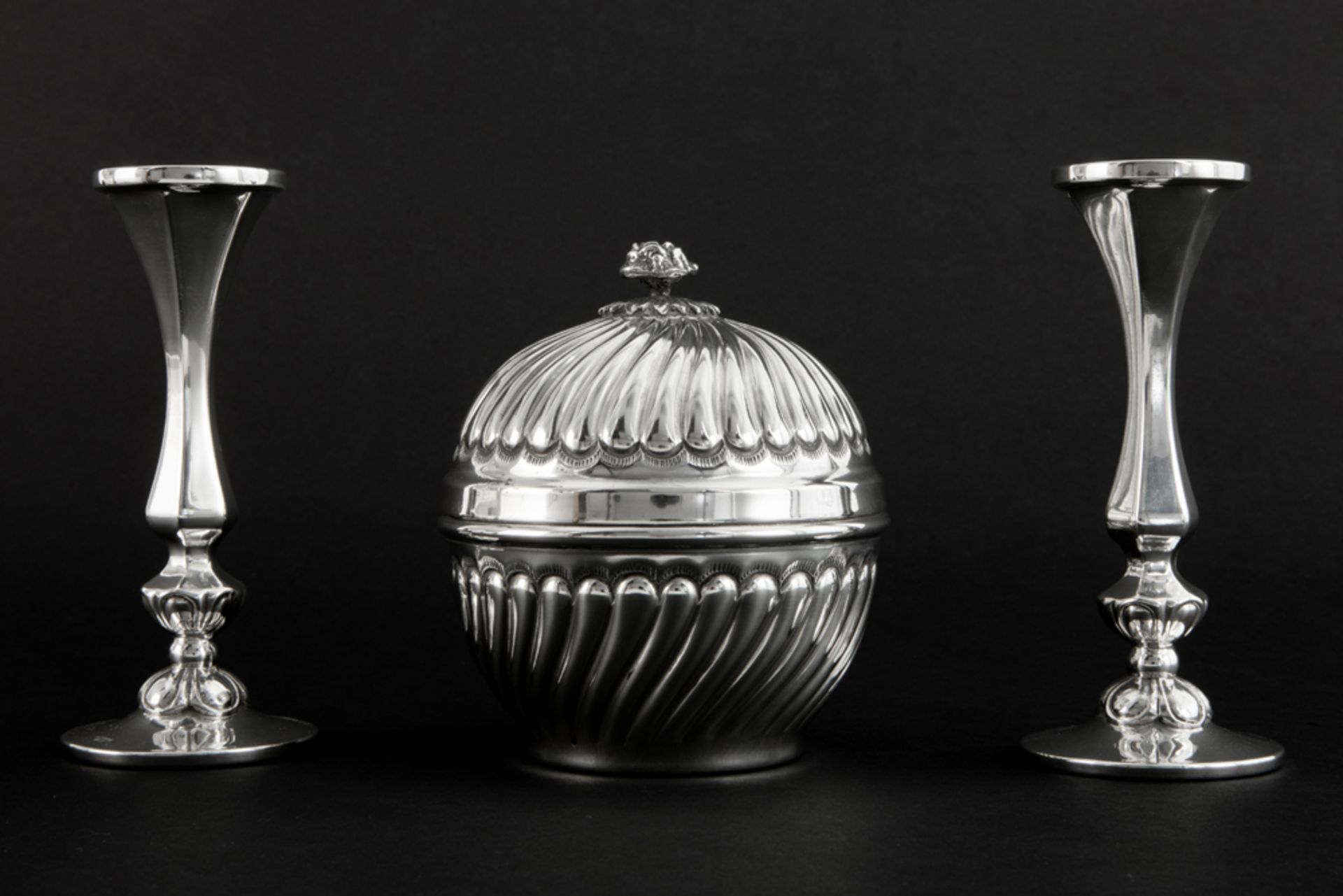 three pieces of marked silver with a pair of small candlesticks and a lidded candy box ||Lot (3) - Image 3 of 8