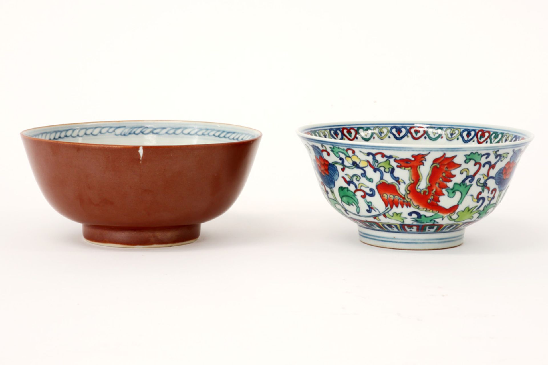 two Chinese bowls : an 18th Cent. Capucin one with blue-white and another with a polychrome