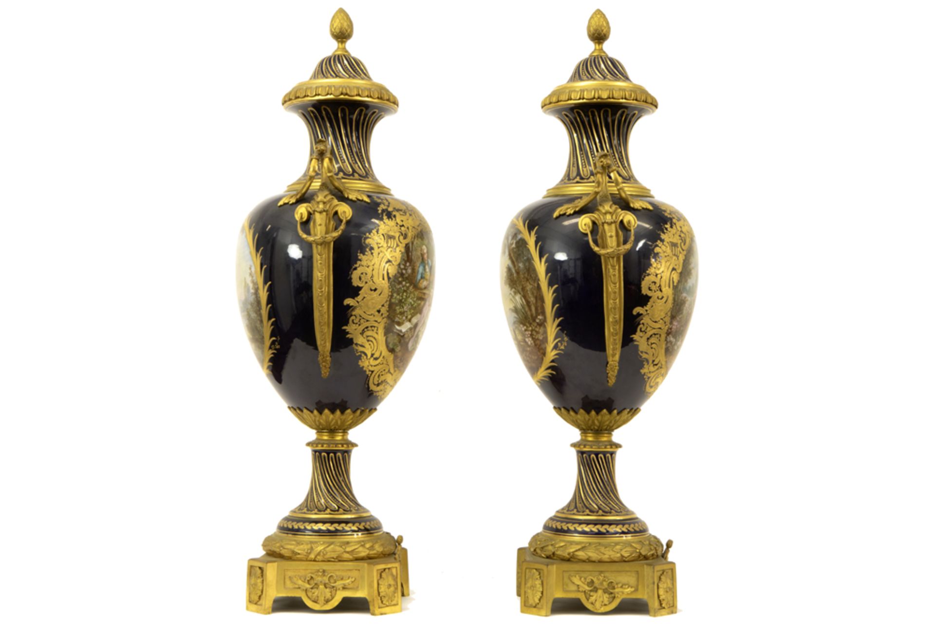 quite imposing 19th Cent. French pair of lidded Napoleon III vases in Sèvres marked porcelain with - Bild 2 aus 6