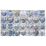 29pcs of 18th Cent. tiles in ceramic from Delft with blue-white decors, mostly with religious themes