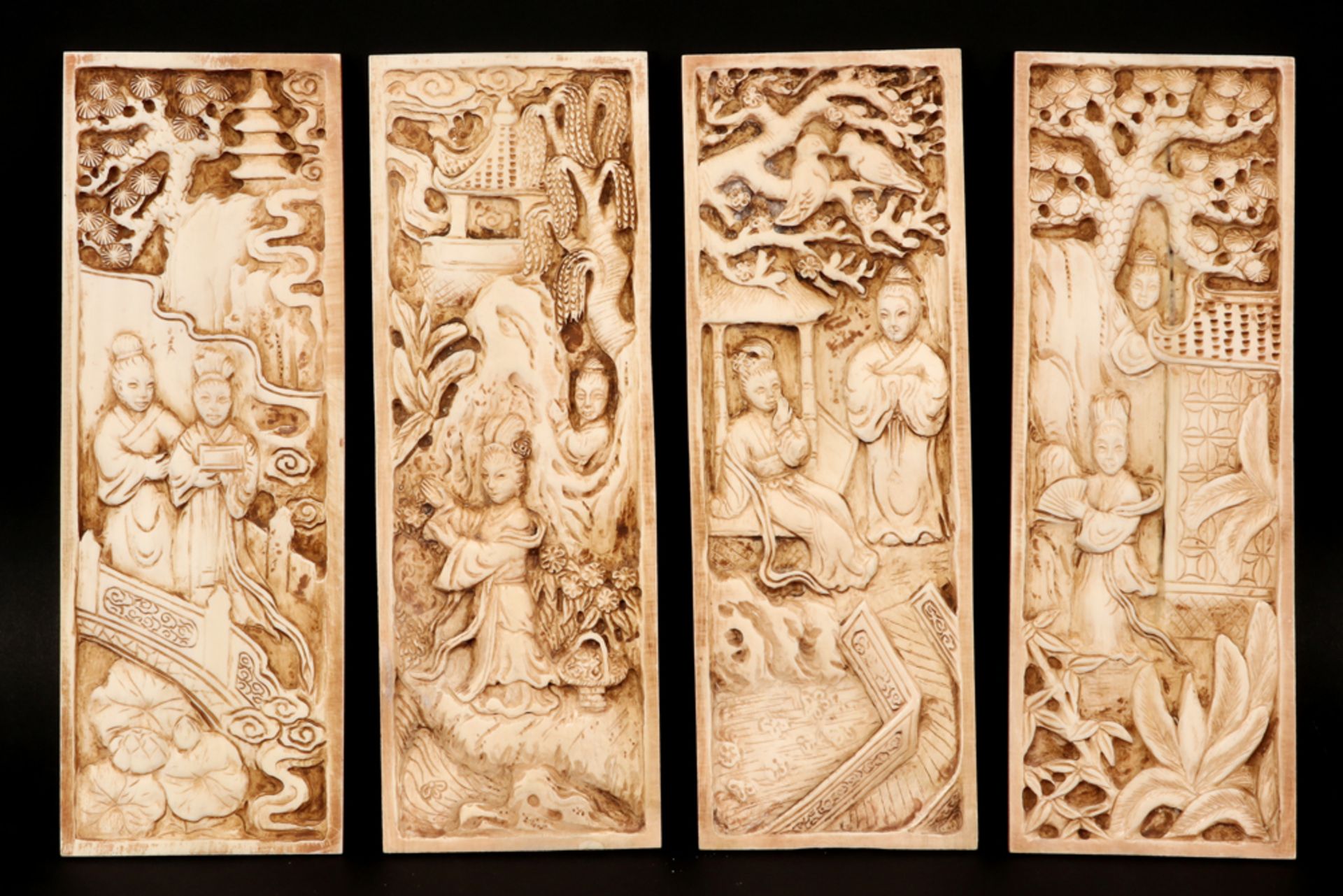 set of four Chinese plaques in ivory with courtly scenes about infatuation - bought in the '60s in