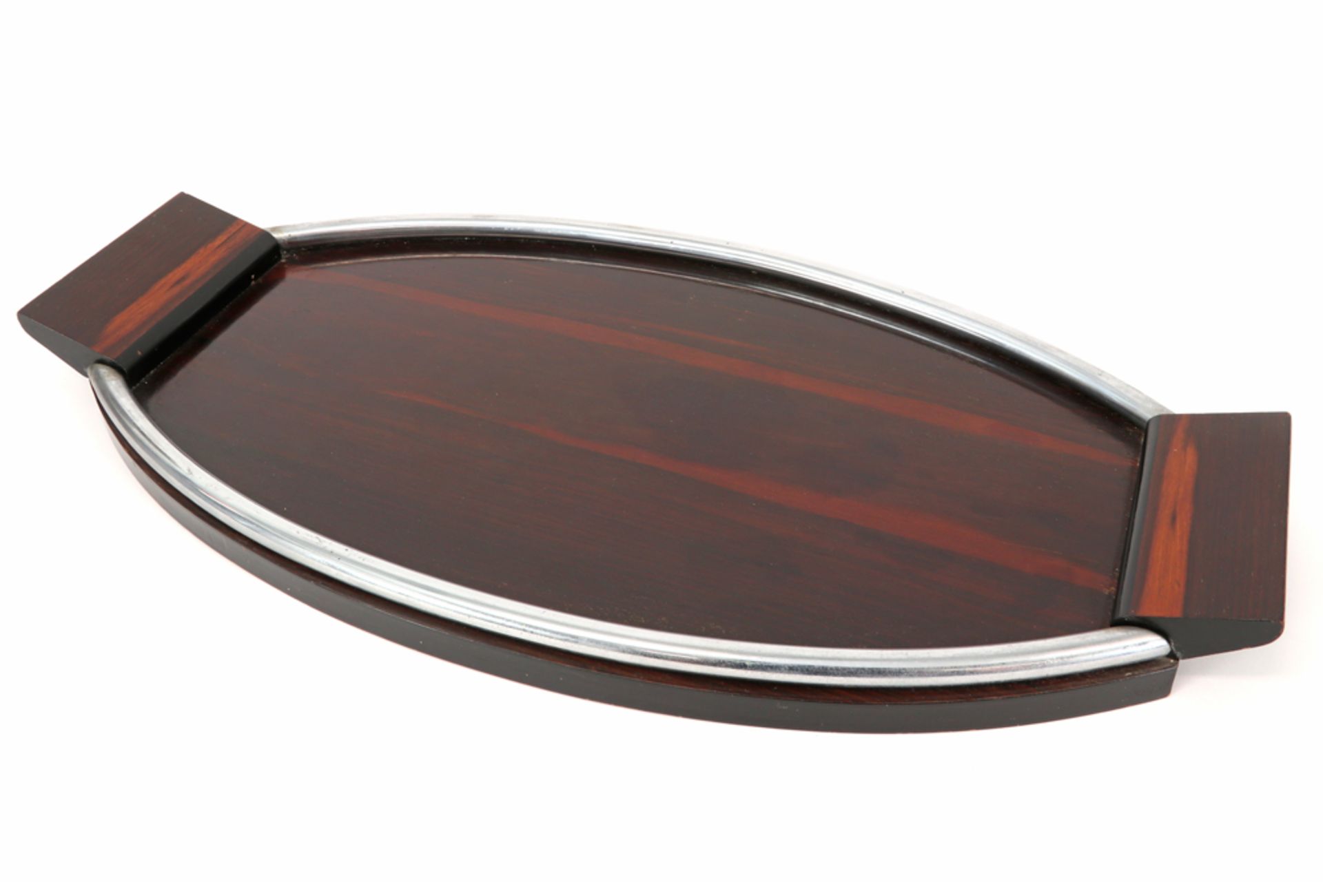 oval Art Deco (dinner)-tray in fountain-wood and chromed metal - ca 1930 ||Ovale Art Deco- - Image 2 of 3