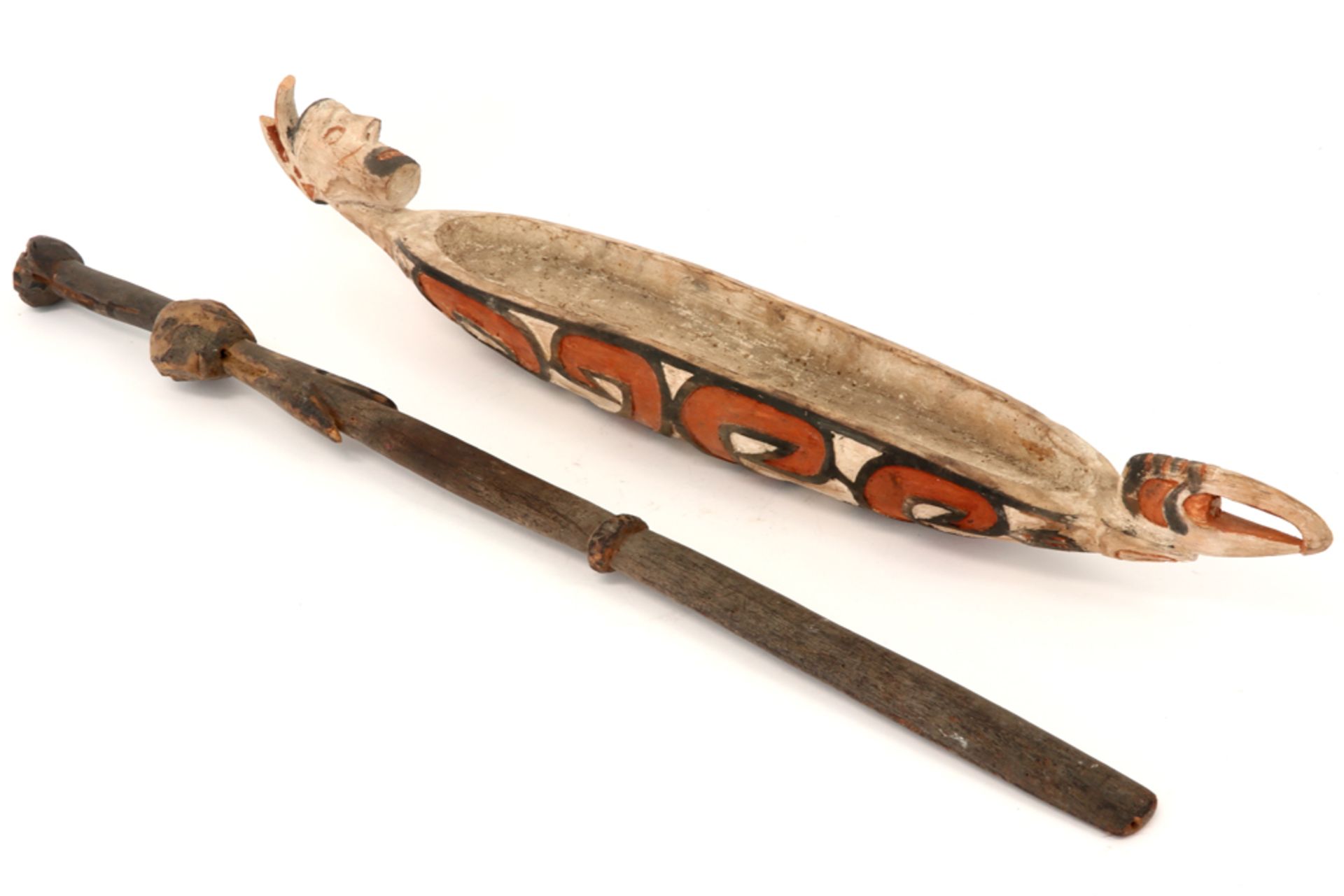 Sago bowl from Irian Jaya and a Papua New Guinean Mid Sepik area digging stick in wood ||Lot (2) van