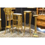 four pieces of neoclassical furniture in gilded wood : a pedestal, a whatnot and a pedestal with