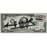 handsigned Andy Warhol "Two Dollar" banknote with postage stamp and stamped dd 1976 - with