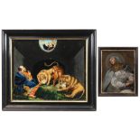 a larger 19th Cent. and an early 18th Cent. smaller églomisé (glass painting) ||Lot van een