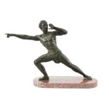 sculpture in metal with a green patina of a young warrior - on it's marble base ||Sculptuur in groen