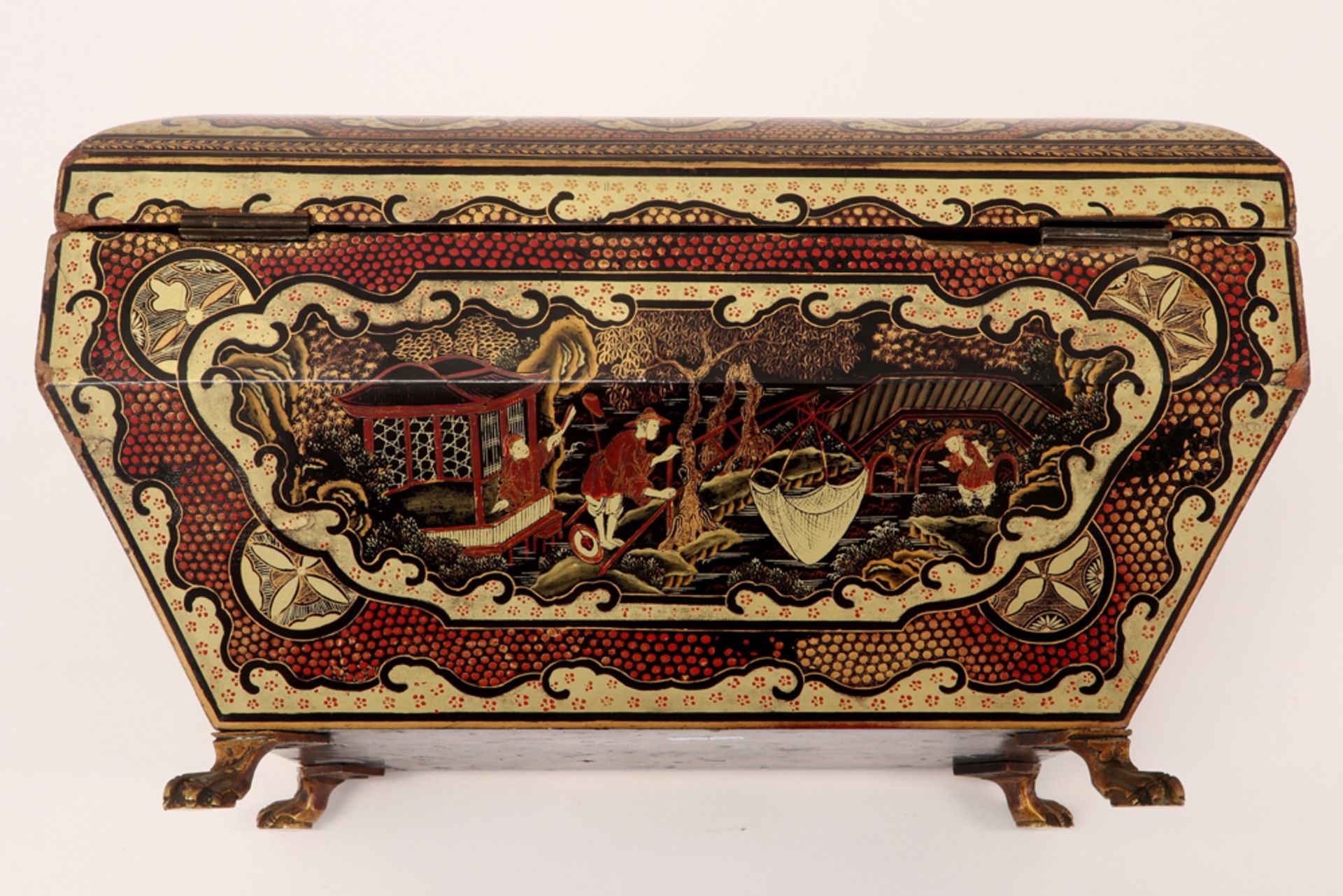 beautiful Chinese style lacquerware tea box with bronze ornamentation with its two original teaboxes - Image 5 of 5