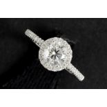 high quality brilliant cut diamond of 1,01 carat set in a ring in white gold (18 carat) with ca 0,30