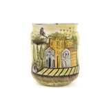 antique "albarello" pharmaceutical jar in ceramic with an orientalist decor with a city scene ||