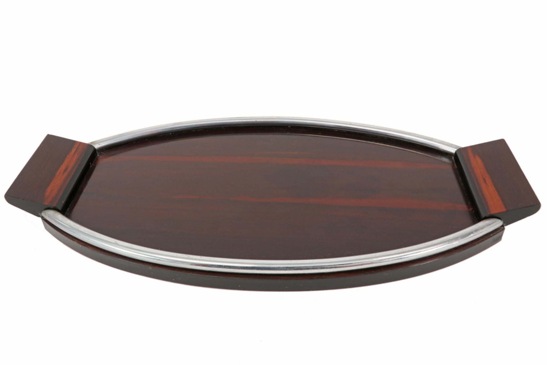 oval Art Deco (dinner)-tray in fountain-wood and chromed metal - ca 1930 ||Ovale Art Deco-