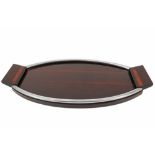 oval Art Deco (dinner)-tray in fountain-wood and chromed metal - ca 1930 ||Ovale Art Deco-
