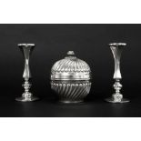 three pieces of marked silver with a pair of small candlesticks and a lidded candy box ||Lot (3)