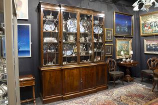 nice antique English breakfront library bookcase in mahogany with gothic revival framework ||