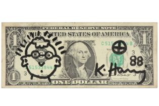 Keith Haring signed and (19)88 dated drawing on a One Dollar banknote dd 1985 with a graphological